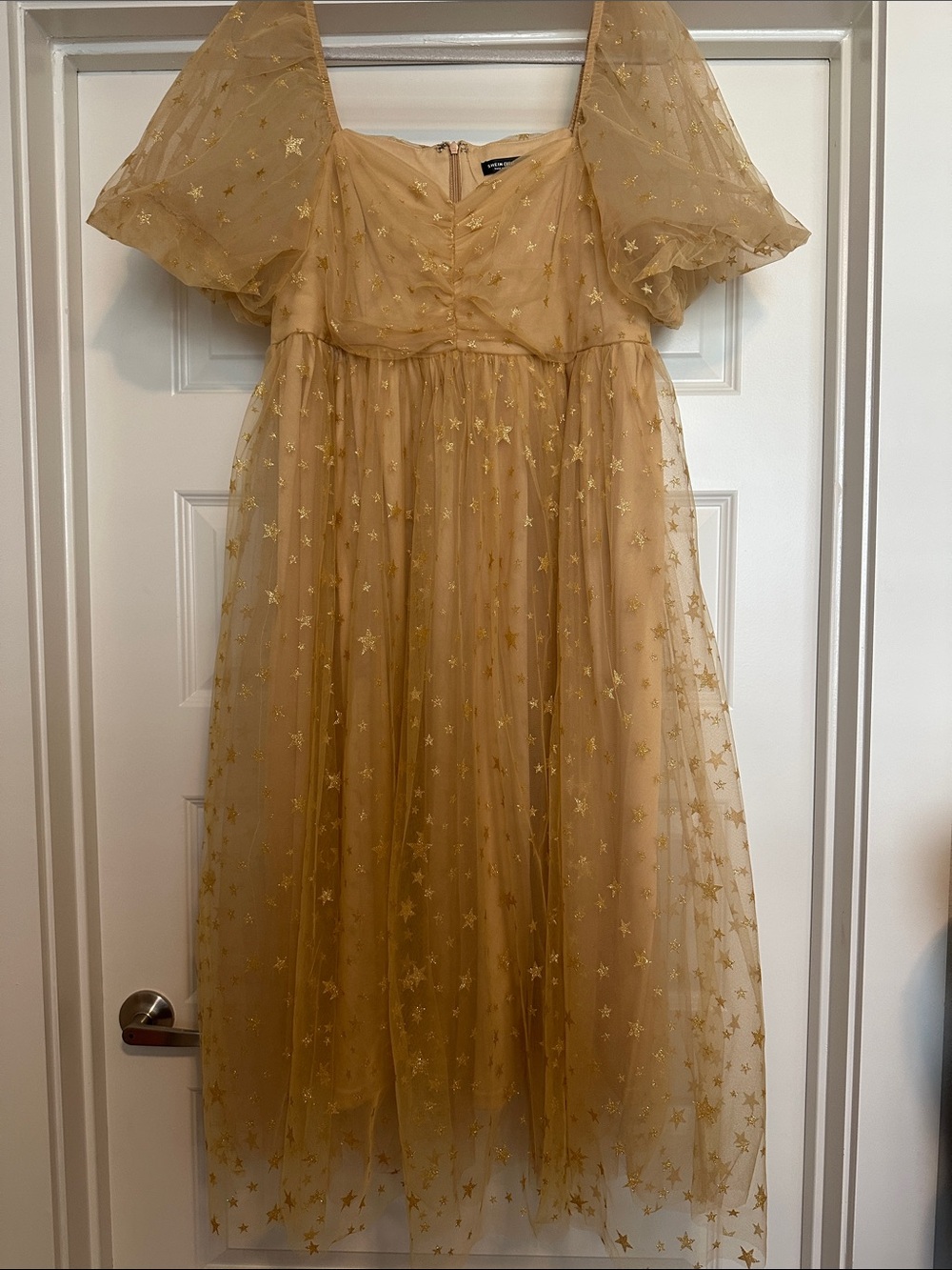 SHEIN Gold Star Tulle Puff Sleeve Midi Dress
